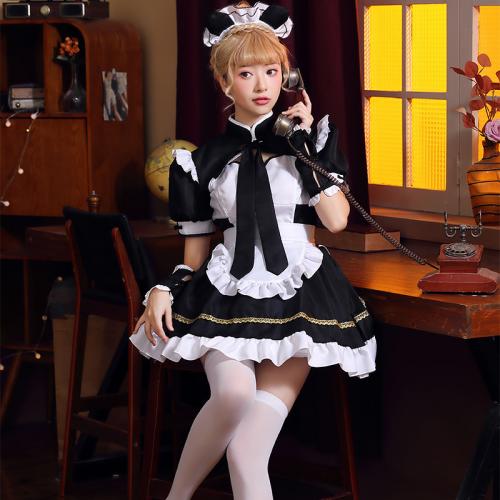 Polyester Sexy Maid Costume Cute Necktie & oversleeve & hair accessories & dress & apron patchwork white and black Set