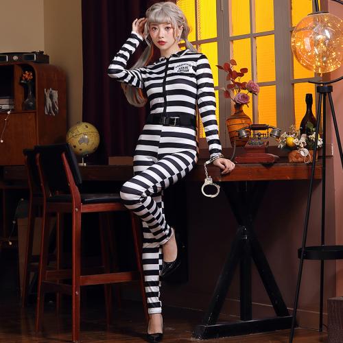 Polyester Women Prisoner Costume teddy & belt & handcuffs printed striped white and black Set