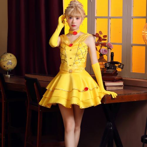 ポリエステル ショートイブニングドレス パッチワーク 花 黄色 セット