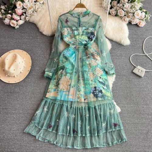 Polyester Slim One-piece Dress floral green PC