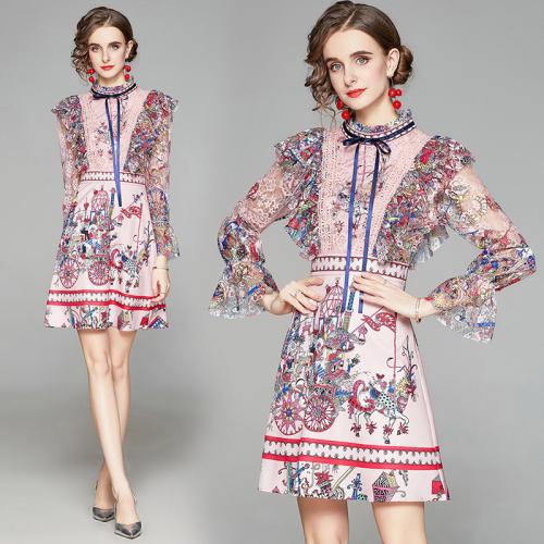 Polyester Slim One-piece Dress printed shivering pink PC