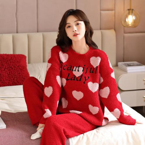 Polyester Women Pajama Set & loose & thermal Pants & top printed heart pattern red Set
