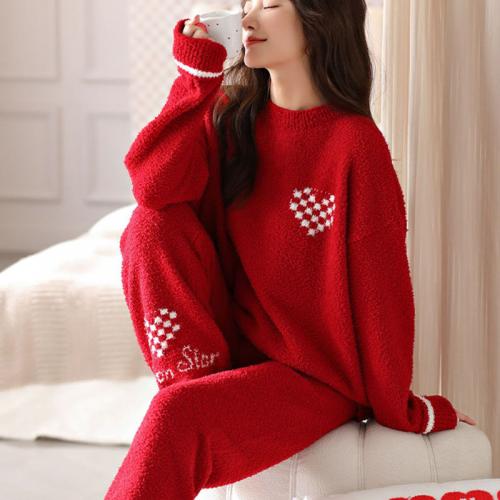 Polyester Women Pajama Set thicken & thermal Pants & top printed heart pattern red Set