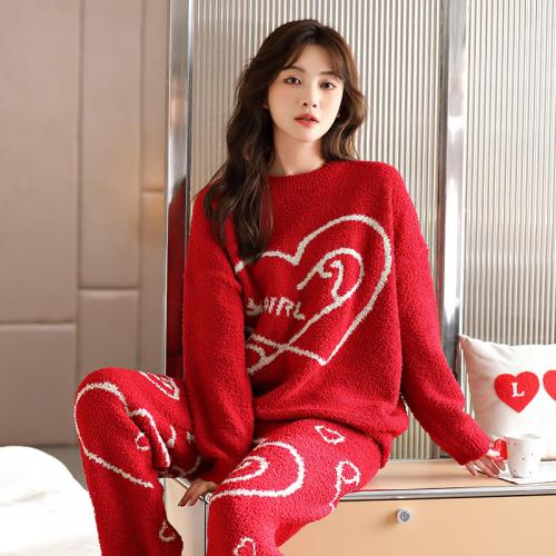 Poliéster Conjunto de pijama de mujer, Pantalones & parte superior, impreso, patrón del corazón, rojo,  Conjunto