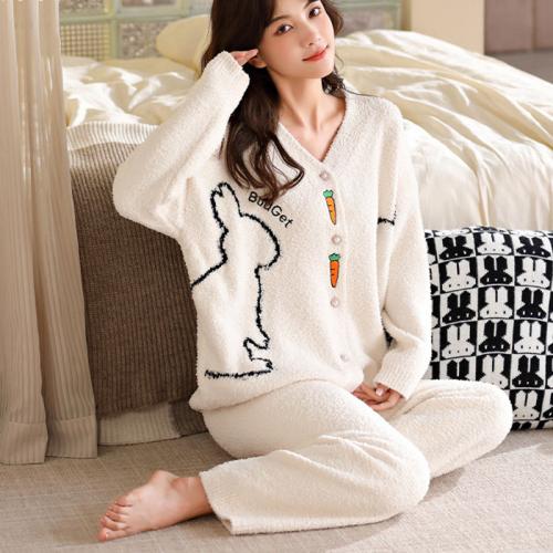Polyester Women Pajama Set thicken & thermal Pants & coat printed Cartoon white Set