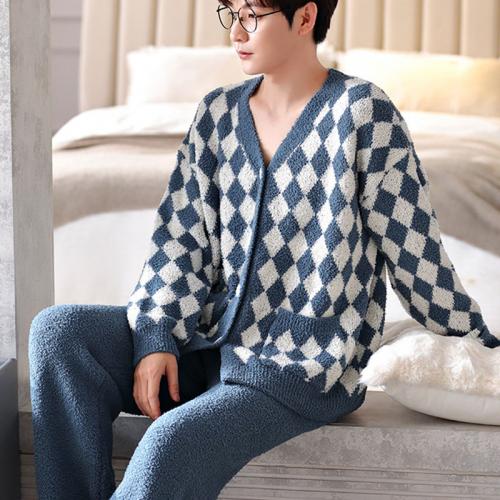 Polyester Men Winter Pajama Set thicken & thermal printed plaid blue Set