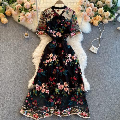 Polyester Slim One-piece Dress see through look floral PC