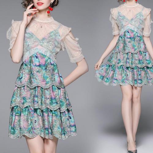 Polyester Slim & Layered One-piece Dress Solid multi-colored PC