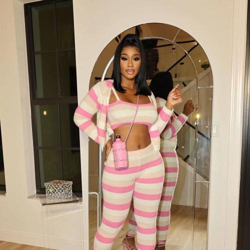 Polyester Women Casual Set midriff-baring & three piece Pants & camis & coat striped pink Set