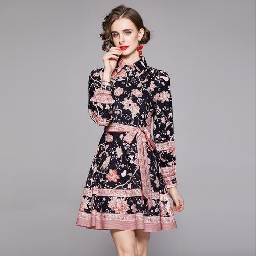 Polyester Waist-controlled One-piece Dress printed shivering black PC