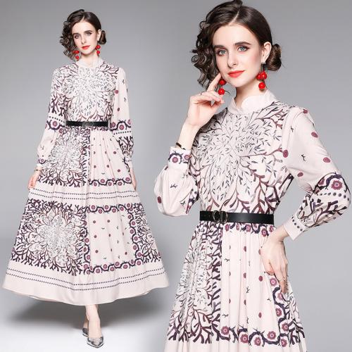 Polyester Waist-controlled One-piece Dress printed shivering white PC