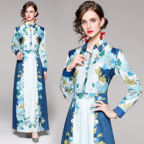 Polyester Waist-controlled One-piece Dress printed floral blue PC