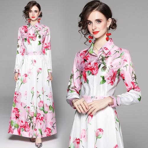 Polyester Waist-controlled One-piece Dress printed floral pink PC