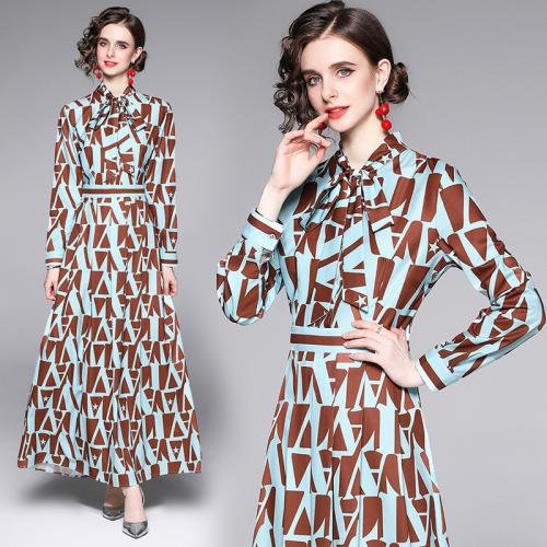 Polyester Waist-controlled One-piece Dress printed plaid brown PC