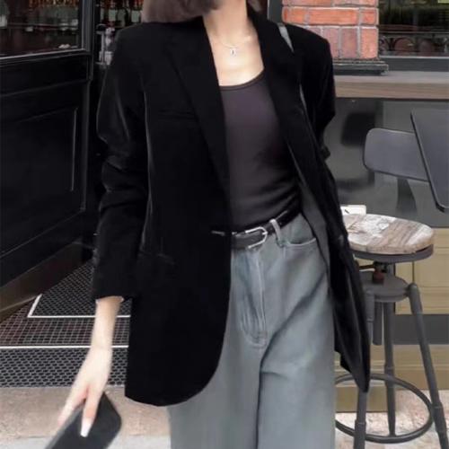Polyester Women Suit Coat mid-long style Polyester patchwork Solid black PC