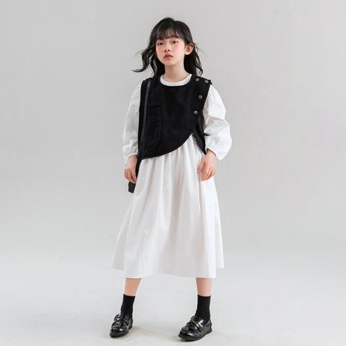 Baumwolle Mädchen zweiteilige Kleid Set, Kleid & Weste, Solide, weiß und schwarz,  Festgelegt