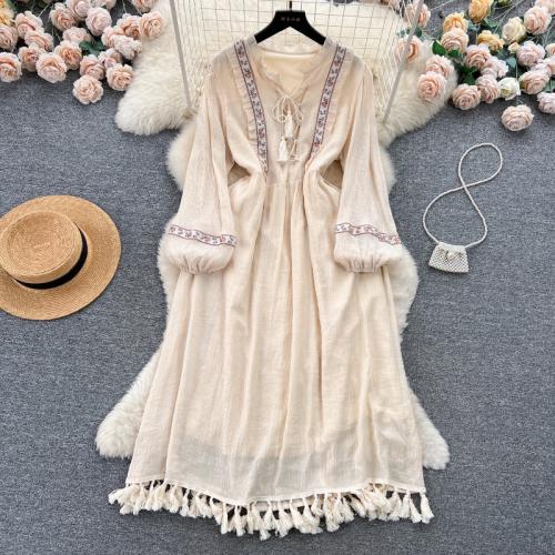 Polyester Waist-controlled & Tassels One-piece Dress slimming & double layer Solid : PC