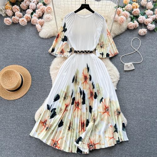 Polyester Waist-controlled & Pleated One-piece Dress slimming & breathable printed Solid : PC