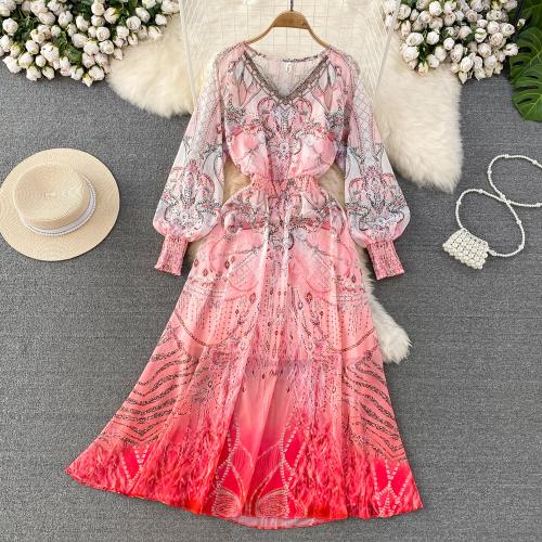 Polyester Waist-controlled One-piece Dress slimming printed pink PC