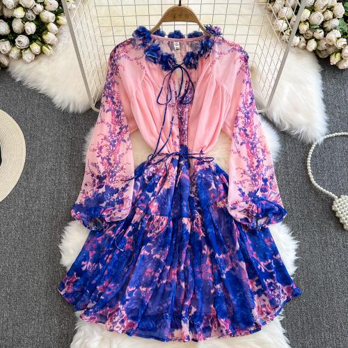 Polyester Waist-controlled One-piece Dress slimming & breathable printed shivering pink PC