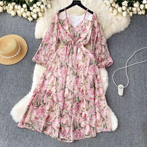 Polyester Soft One-piece Dress slimming & off shoulder Polyester printed : PC