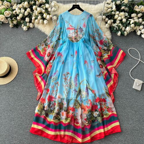 Polyester Waist-controlled One-piece Dress large hem design & slimming & double layer printed floral PC