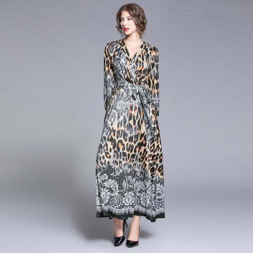 Polyester Waist-controlled & long style One-piece Dress slimming printed leopard mixed colors PC