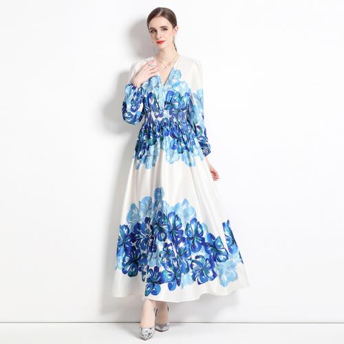 Polyester Waist-controlled & Soft & long style One-piece Dress slimming printed floral blue and white PC
