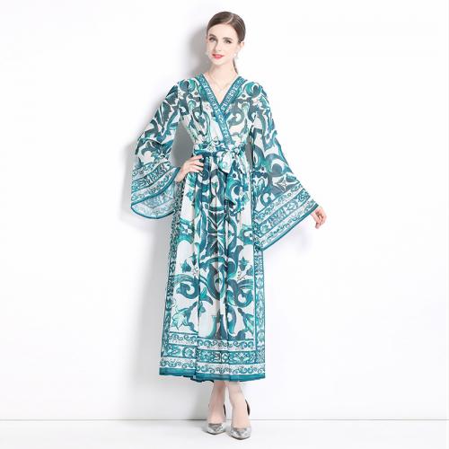 Polyester Waist-controlled & Soft & long style One-piece Dress large hem design & slimming printed floral PC