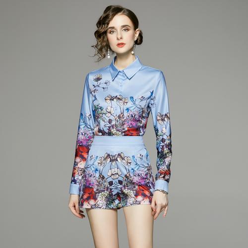 Polyester Waist-controlled & Soft Women Casual Set slimming & two piece & loose short & top printed floral blue Set