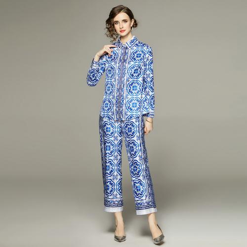 Polyester Wide Leg Trousers & Soft Women Casual Set slimming & two piece & loose Long Trousers & top printed floral blue Set