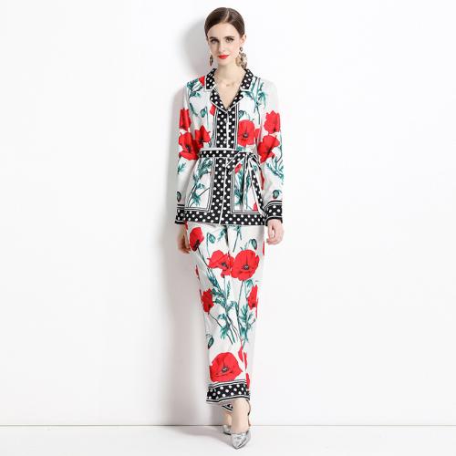 Polyester Waist-controlled & Wide Leg Trousers & Soft Women Casual Set slimming & two piece & loose Long Trousers & top printed floral mixed colors Set