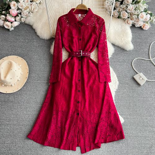 Lace Waist-controlled Shirt Dress Solid red PC