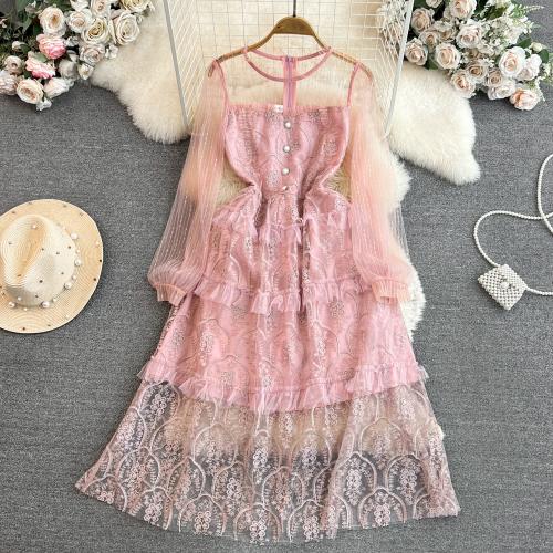 Gauze & Lace Waist-controlled One-piece Dress slimming pink PC