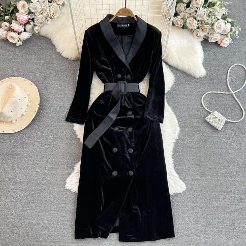 Pleuche Waist-controlled One-piece Dress slimming & deep V black PC