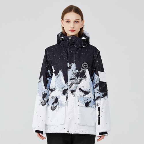 Polyester windproof Women Sport Coat & waterproof & thermal & unisex printed white and black PC