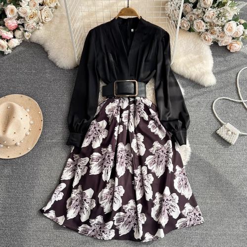 Jute Waist-controlled & High Waist One-piece Dress slimming printed floral black PC