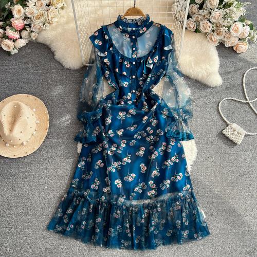 Jute Mermaid One-piece Dress see through look & slimming printed shivering blue PC