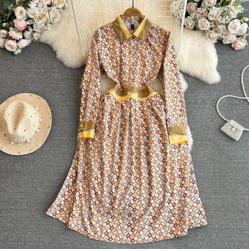 Jute Waist-controlled & Soft & long style One-piece Dress printed yellow PC