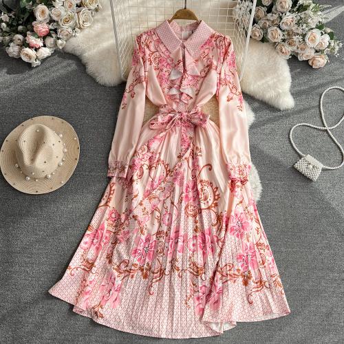 Jute Waist-controlled & Soft One-piece Dress large hem design printed floral pink PC