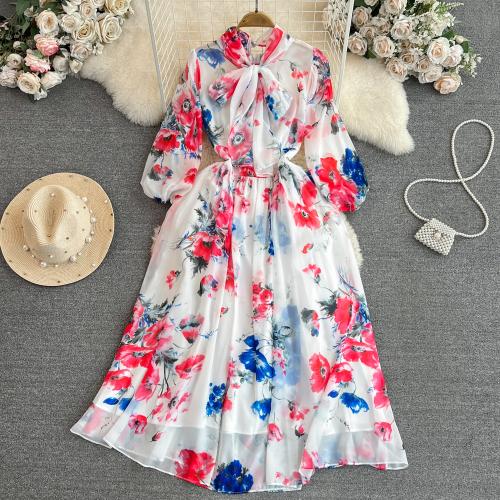 Jute Waist-controlled One-piece Dress large hem design & double layer printed floral white PC