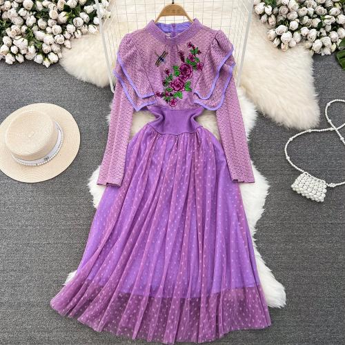 Jute & Gauze Waist-controlled & scallop One-piece Dress double layer printed floral purple PC