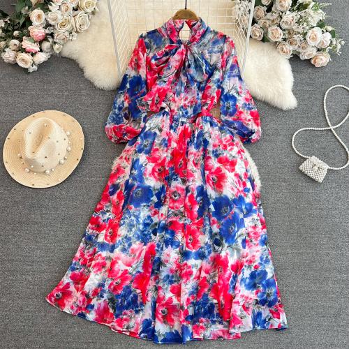 Jute Waist-controlled & scallop One-piece Dress double layer Jute printed floral blue PC