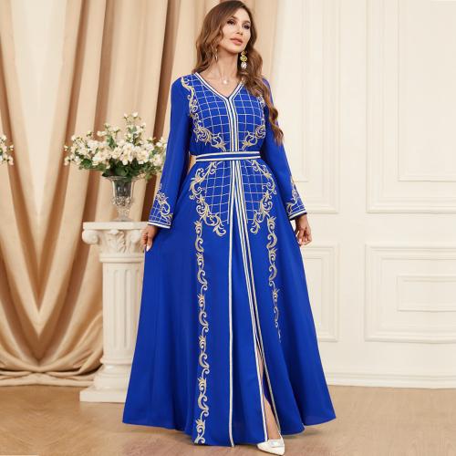 Polyester front slit Middle Eastern Islamic Muslim Dress slimming & two piece printed Solid blue Set