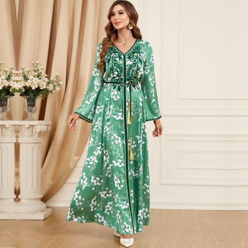 Polyester Soft Middle Eastern Islamic Muslim Dress slimming & loose printed shivering green PC