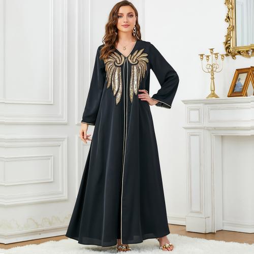 Sequin & Polyester Middle Eastern Islamic Muslim Dress large hem design & two piece & loose Solid black Set