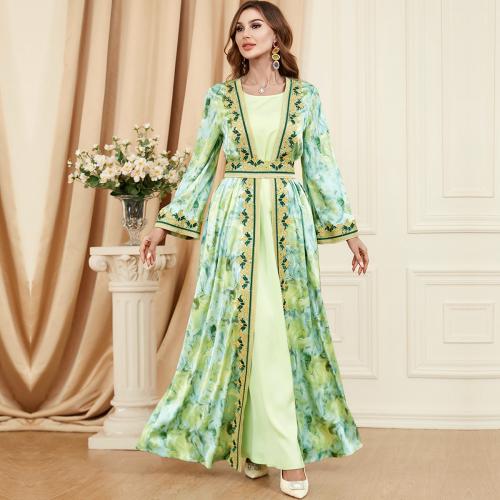 Polyester front slit Middle Eastern Islamic Muslim Dress & two piece & floor-length printed shivering green Set