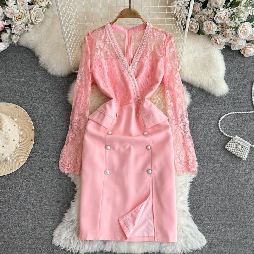Polyester Waist-controlled One-piece Dress pink PC