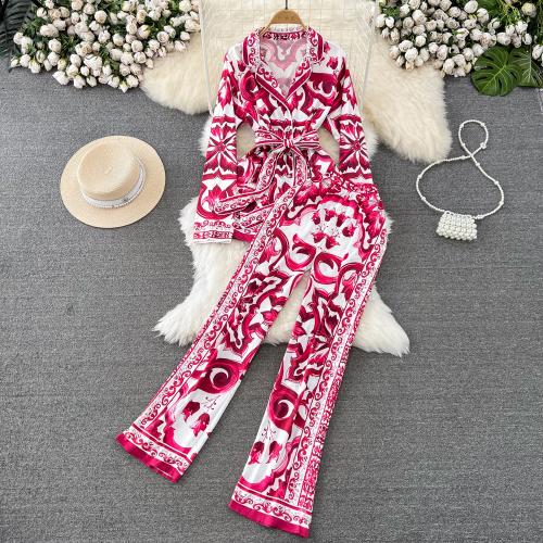 Polyester Waist-controlled Women Casual Set & two piece Pants & top printed pink Set