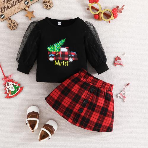 Polyester Baby Clothes Cute & two piece skirt & top printed Cartoon red and black Set